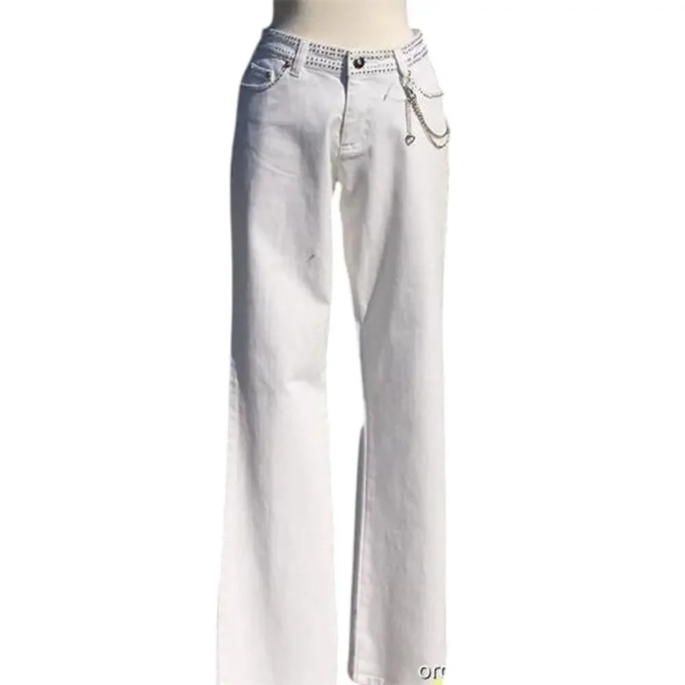 Cache White Denim Embellished Flare Jean Pant Rhinestone Chain Belt New $168 NWT - Picture 3 of 8